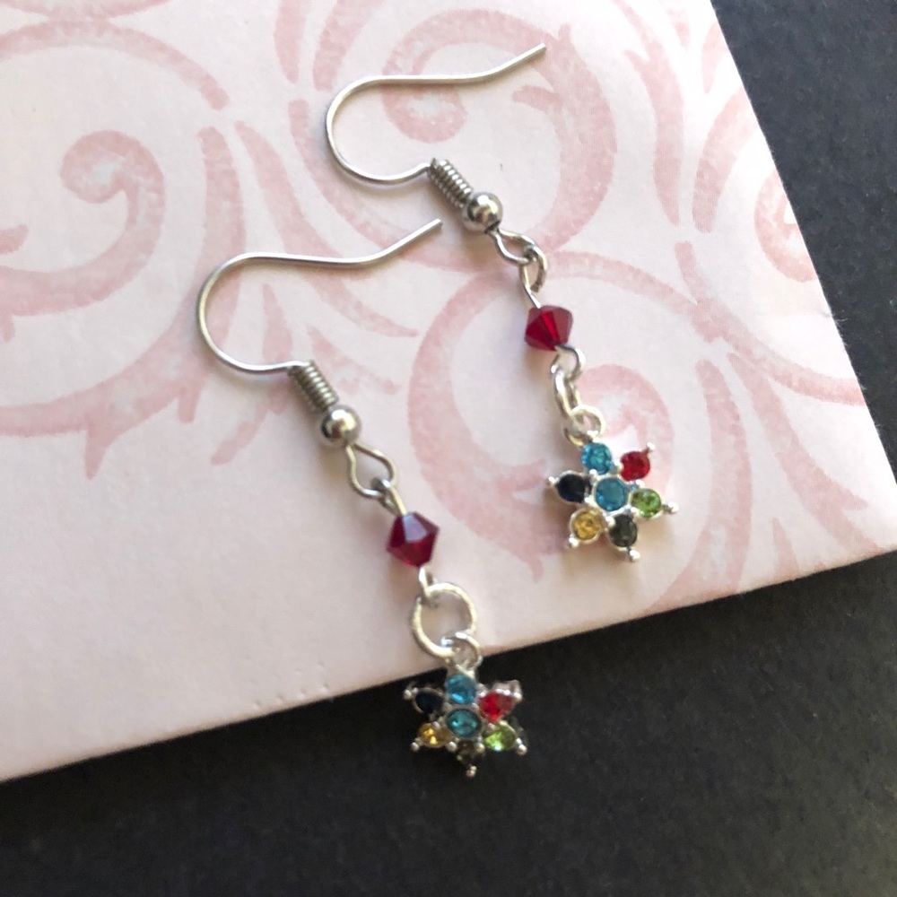 Floral Earrings Multicolor Crystal Beads and Dangle Flower Charms